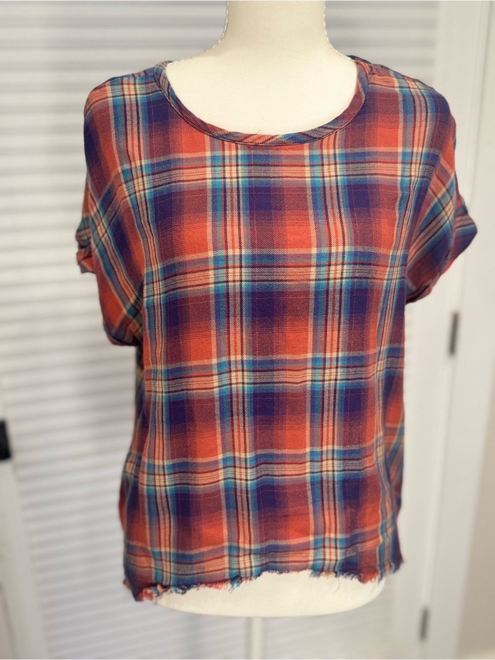 Anthropology cloth & stone Orange and Navy Plaid Short-Sleeve Top 1137 - Picture 2 of 5